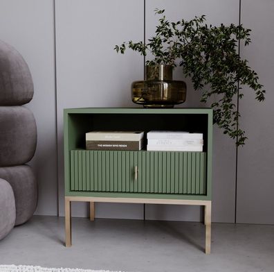 Nachtkonsole Nachttisch Nachtkommode Beistelltisch Nako Rauchgrün Gold