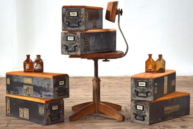 Set 6x Kiste mit Deckel Holz Antik Apotheker Vintage Kasten Alt Loft Metall Fabrik