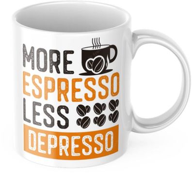 Lustige Kaffeetasse "More Espresso Less Depresso" Fréhstéck Morgen Arbeit Tasse Béro
