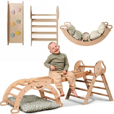 Montessori 4in1 Kletterdreieck fér Babys: Pikler-Dreieck, Kletterbogen, Rutschbrett u