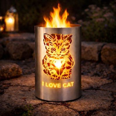 Tiko-Metalldesign Feuertonne / Feuerkorb mit Motiv " Katze - I love Cat "