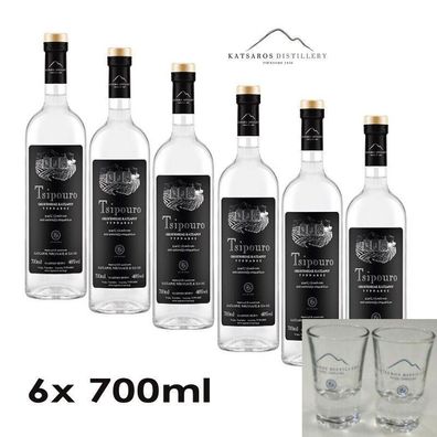 Tsipouro Tirnavou Katsaros 6x 700ml 40%vol. ohne Anis, Beigabe 2 Gläser