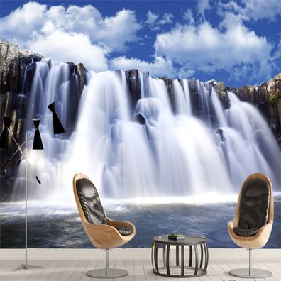 Vlies Fototapete Wandtapete Wandbilder Wasserfall Blauer Himmel Wolken 2285