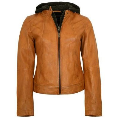 Jilani Collection - Damen Lederjacke Lammnappa Kapuze dunkles gelb