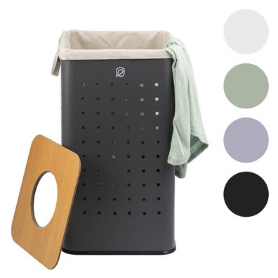 eluno Wäschetonne mit Deckel und Wäschesack eckig 50L, aus Metall