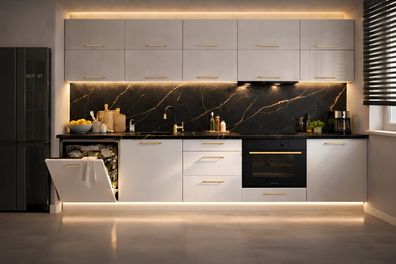 Küchenzeile Siena 280 cm Weiß Hochglanz- Küche, Küchenblock 2,8m, Einbauküche