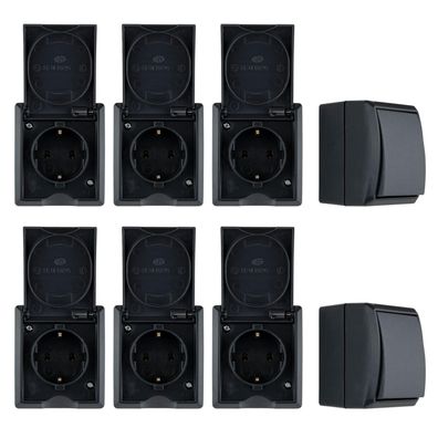 Feuchtraum Starter Set Steckdose Schalter AquaForm IP44 Anthrazit Grau 8 teilig