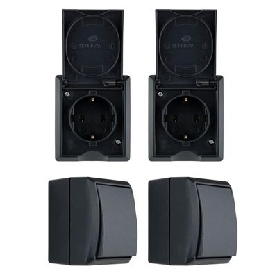 Feuchtraum Starter Set Steckdose Schalter AquaForm IP44 Anthrazit Grau 4 teilig