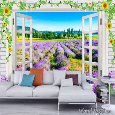 Vlies Fototapete Wandtapete Wandbilder 3d Lavendel Blumen Fenster 2305