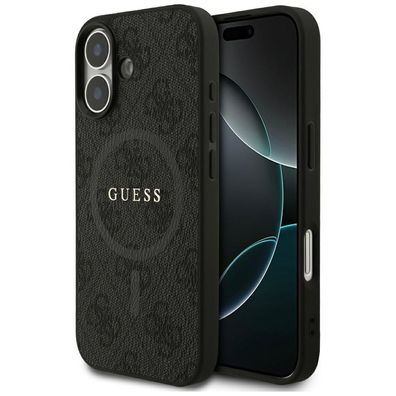 Handyhülle Case iPhone 17 Guess MagSafe Kunstleder grau Logo goldfarben