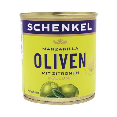 Schenkel Oliven "Manzanilla" grün, mit Zitronen-Füllung, aus Spanien, 85g (Abtropfgew