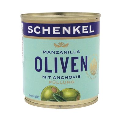 Schenkel Oliven "Manzanilla" grün, gefüllt mit Anchovis, aus Spanien, 85g (Abtropfgew
