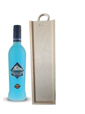 Gletscherwasser Likör 0,5 Liter mit Holzbox und Tragekordel