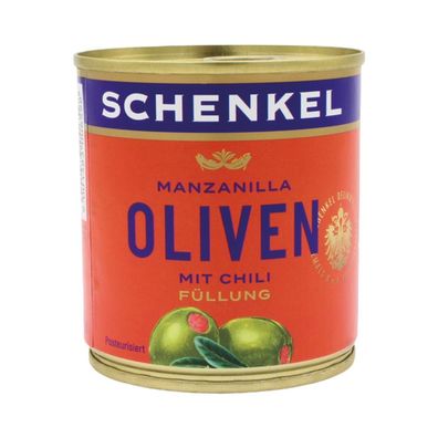 Schenkel Oliven "Manzanilla" grün, mit Chili-Füllung, aus Spanien, 85 Gramm (Abtropfg