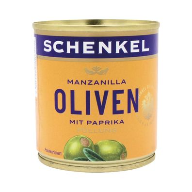 Schenkel Oliven "Manzanilla" grün, mit Paprika-Füllung, aus Spanien, 85 Gramm (Abtrop
