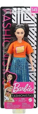 Barbie GHW59 Fashionistas Puppe 145 (brünett) mit blau-schimmerndem Rock