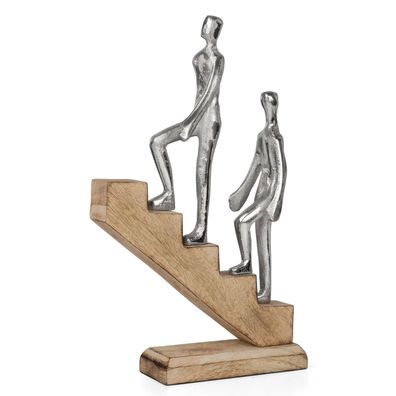 Moderne Dekofigur Treppenszene aus Aluminium auf Mangoholzsockel - 2 Personen auf Tre