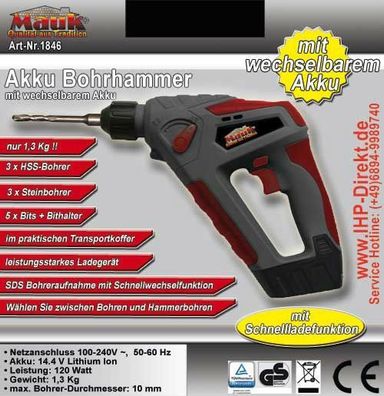 Mauk Akku Bohrhammer Hammerbohrer Bohrer Bohrmaschine Betonbohrer 14,4V