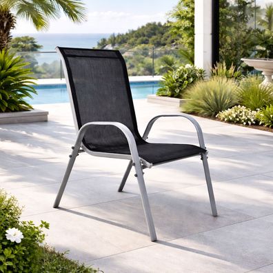 Gartenstuhl Outdoorstuhl Stapelstuhl stapelbar Metall Silber Textilen Schwarz