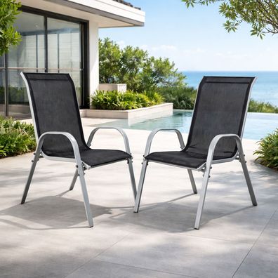 2x Gartenstuhl Outdoorstuhl Stapelstuhl stapelbar Metall Silber Textilen Schwarz