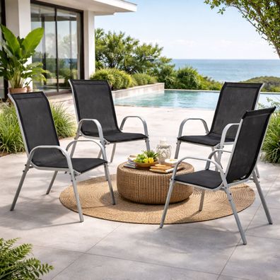 4x Gartenstuhl Outdoorstuhl Stapelstuhl stapelbar Metall Silber Textilen Schwarz