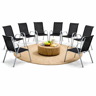 8x Gartenstuhl Outdoorstuhl Stapelstuhl stapelbar Metall Silber Textilen Schwarz