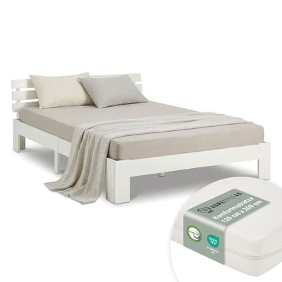 Doppelbett mit Matratze und Lattenrost 120x200 Bett Weiß Kiefer Massiv Bettgestell