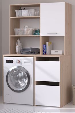 Waschmaschinenschrank Laundry Weiß und Eiche, Set 2-teilig 2x Hochschrank 111x184 cm
