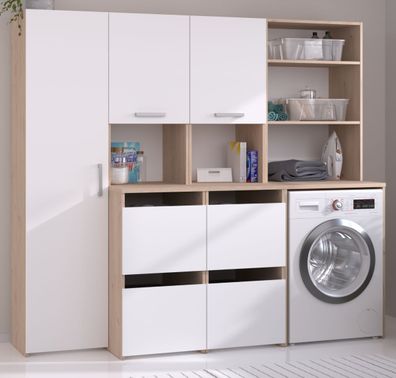 Waschmaschinenschrank "Laundry" in weiß und Jackson Eiche Set 3-teilig 204 x 184 cm