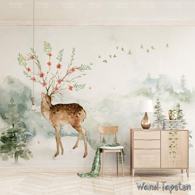 Vlies Fototapete Wandtapete Wandbilder Hirschen Bergen Wasser Vögeln 4393
