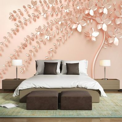 Vlies Fototapete Wandtapete Wandbilder 3D Relief in Roségold Blühenden Baum 4420
