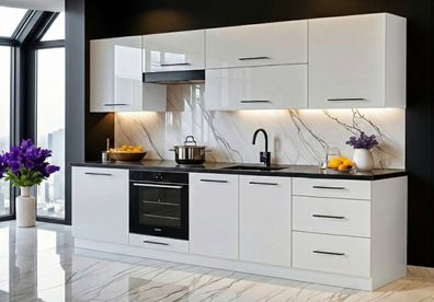 Küchenzeile Linda 260 cm Weiß Hochglanz -ABS Kanten- Küche 2,6m, Einbauküche