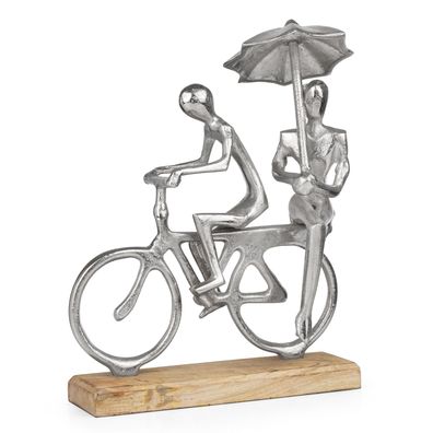 Dekofigur Paar auf Fahrrad mit Schirm - moderne Skulptur aus Aluminium auf Holzsockel