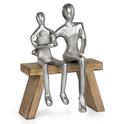 Moderne Dekofigur Paar auf Bank aus Aluminium auf Holzsockel - Skulptur Partnerschaft
