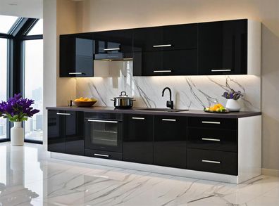 Küchenzeile Linda 260 cm Schwarz Hochglanz/Weiß -ABS Kanten- Küche 2,6m, Einbauküche