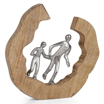 Moderne Skulptur Vater mit Kind aus Aluminium auf Mangoholzsockel - 24,5 x 3,5 x 24,5