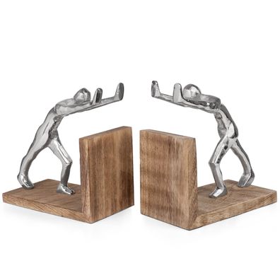 Buchstützen modern aus Aluminium und Mangoholz - 17,5x9,2x18,5 cm - 2er-Set Buchhalte
