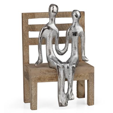 Moderne Dekofigur Paar auf Holzbank silberfarben Aluminium-Figur 15,5?cm Skulptur abs