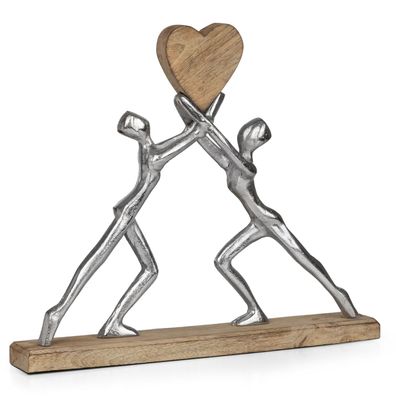 Moderne Aluminium-Skulptur mit Holzherz 38 x 6 x 33 cm - Figur Zusammenhalt aus Metal