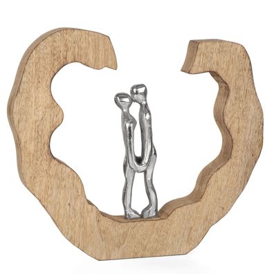 Dekofigur Paar Umarmung Aluminium auf Mangoholzsockel 24,5 x 3,5 x 22 cm - Moderne Sk