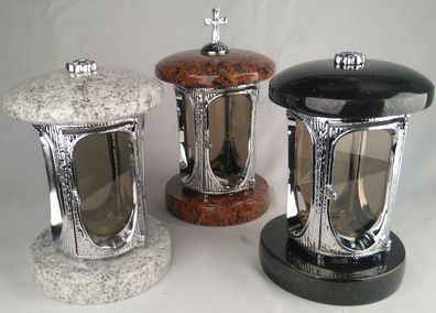 Runde Grablampe Chrom mit Kreuz und Granit