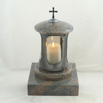 designgrab Grablampe Antik Aluminium mit Kreuz & Echtgranit-Sockel – handgefertigt, w