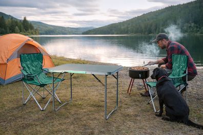 3tlg Outdoormöbel Camping Garnitur Grün Anglerstuhl + Tasche Klapptisch 80x60cm