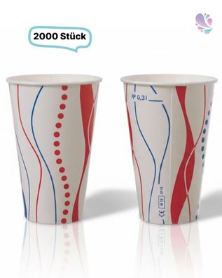 Papptrinkbecher aus Hartpapier rot-blau gestreift mit Eichstrich – 0,25 l bis 0,50 l,