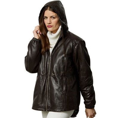 Jilani Collection - Damen Lederjacke Lammnappa Kapuze Oversize dunkelbraun