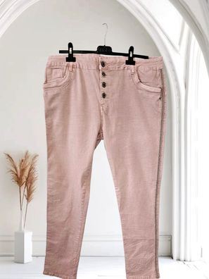 Karostar Hose Stretch Jeans Knöpfe Taschen Seitenstreifen mit Nieten Altrosa Gr. 46