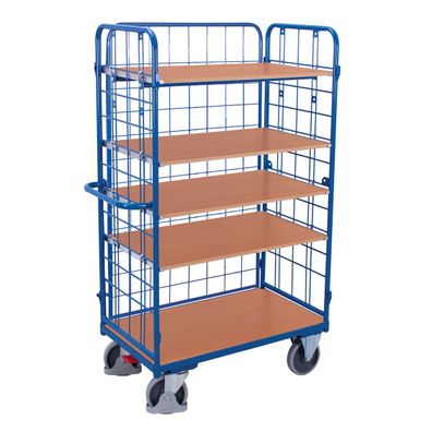VARIOfit Dreiwandwagen, hoch und vergittert mit 5 Etagen 850x500mm Enzianblau RAL 50