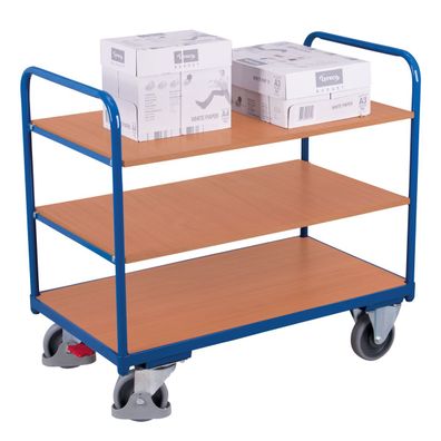 VARIOfit Etagenwagen, niedrig mit 3 Ladeflaechen 850x500mm Enzianblau RAL 5016