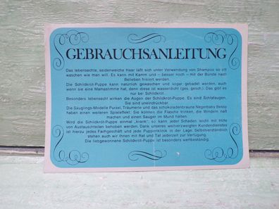 alter Garantieschein Schildkröt Puppe Gebrauchsanleitung
