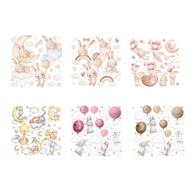 Muralo Aufkleber Set für Kinderzimmer Kaninchen Wolken Sterne Wandstickers für Kinder